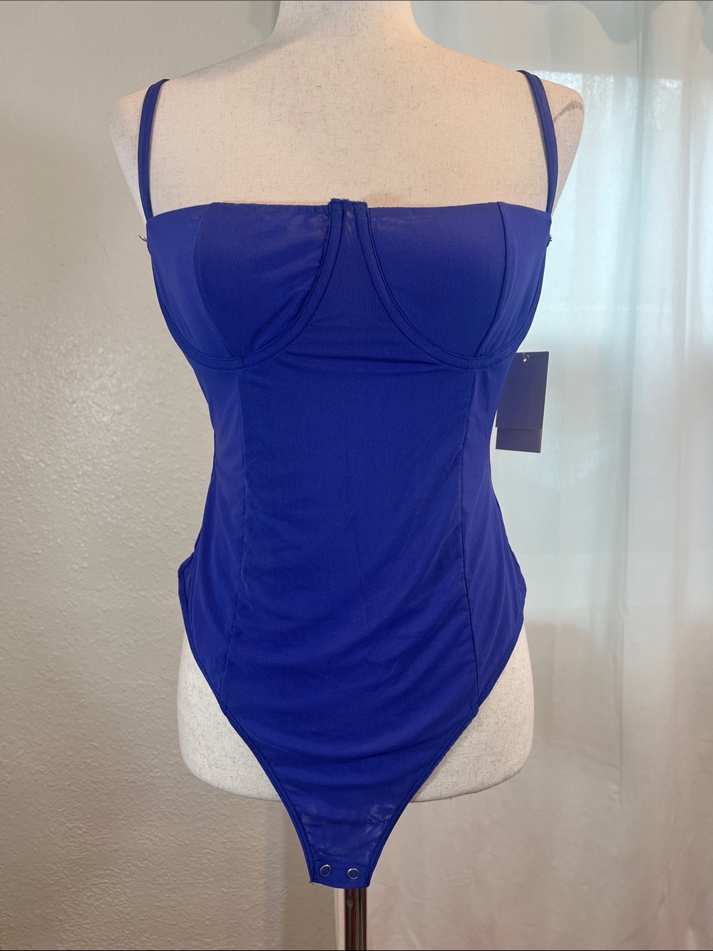 Good American Mesh Bustier Bodysuit in Capri Blue. Size L. NWT